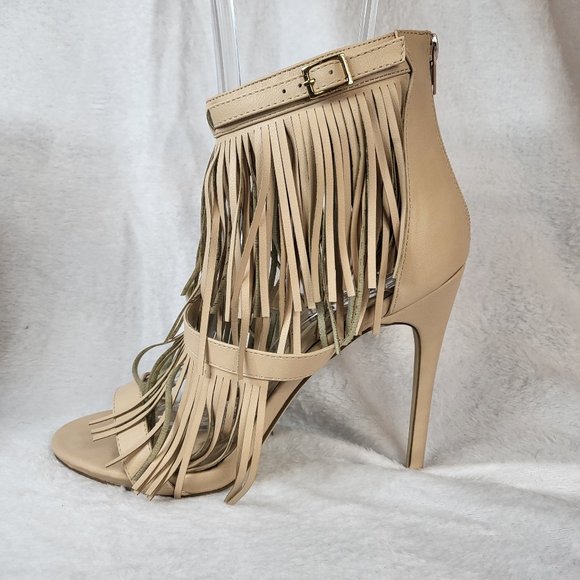 High Heel Fringe Sandal Shoe Nude Beige Wild Rose Sizes 7.5, 9, 11 - Picture 1 of 5